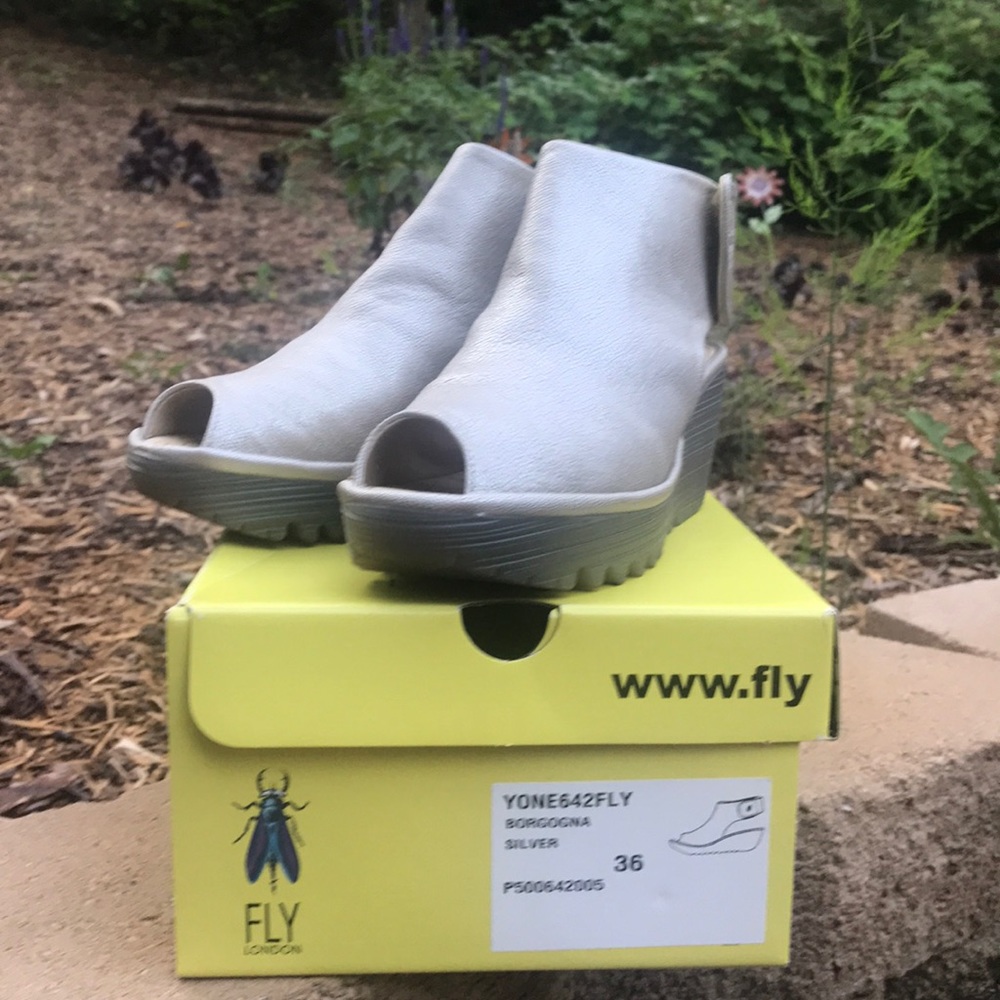 Fly London Silver Peep-Toe Wedges - Picture 3 of 7